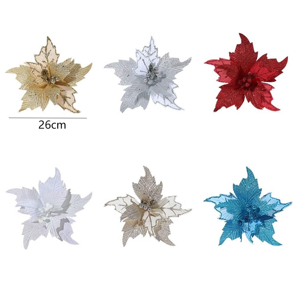 2pcs 26cm Christmas Glitter Flower Simulation DIY Artificial Poinsettia Flower Hanging Festival Sequins Flower