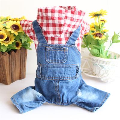 Plaid Pet Denim Clothes Small Dog Teddy Dog Clothes Four-legged Overalls Spring, Autumn and Winter