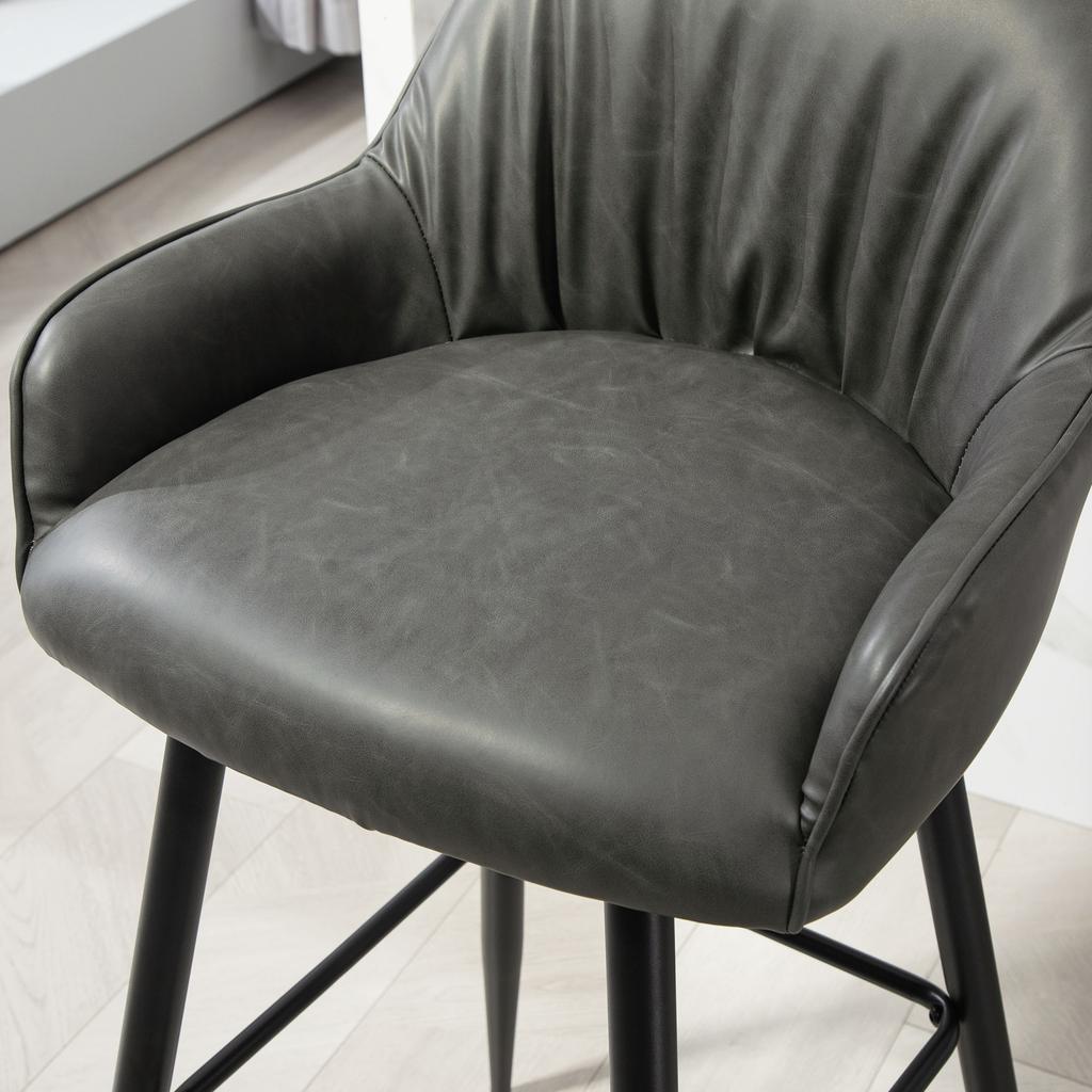 Set of 2 Modern Bar Stools with Footrest and Backrest, PU Faux Leather and Steel, Grey