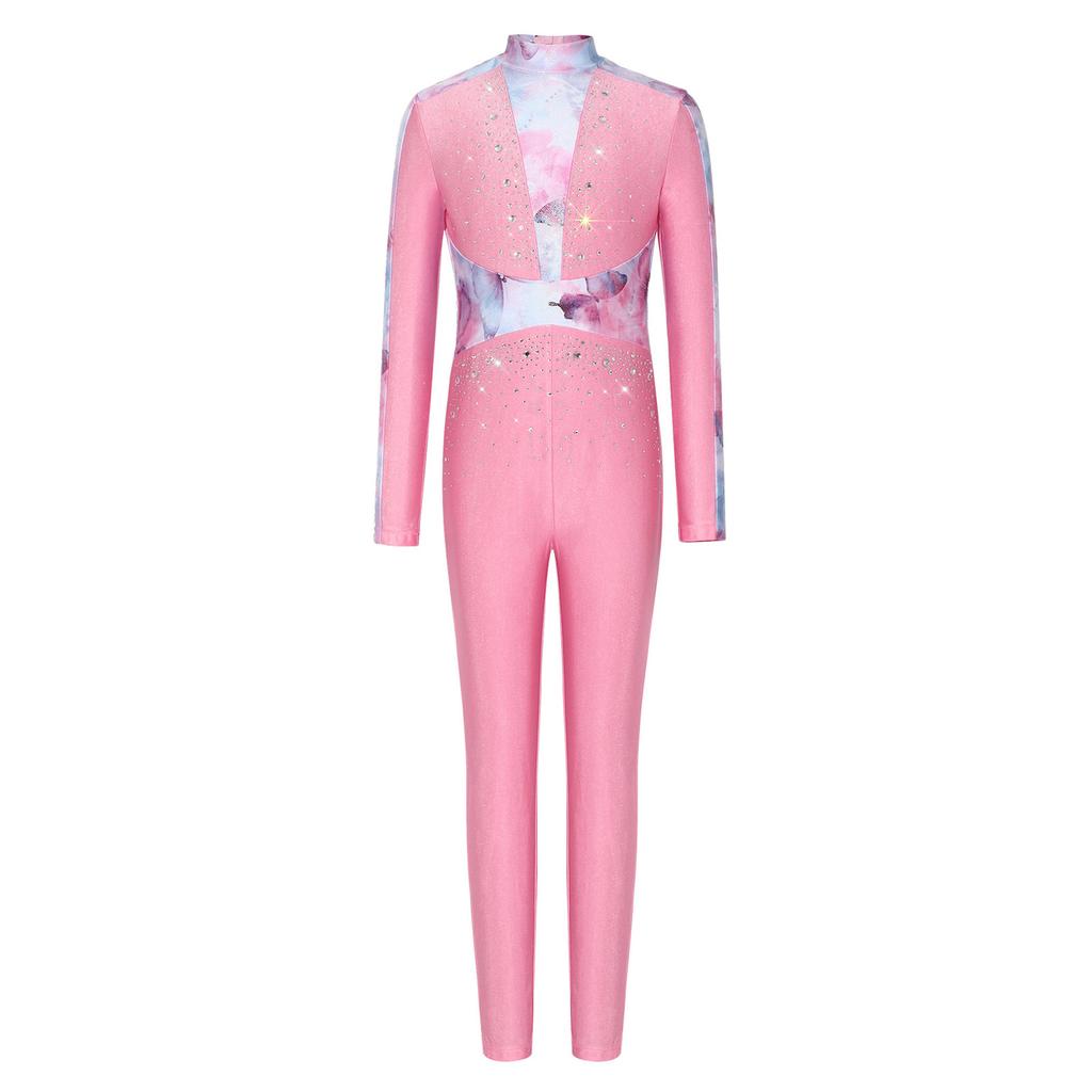 Leotard da Ballo da Bambina a Maniche Lunghe con Paillettes e Strass, Lucido, Full Body, Zip Invisibile Posteriore