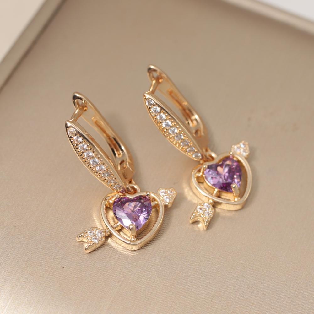Dainty Purple Zirconia Heart Arrow Drop Earrings for Women Fashion Earring Jewelry Wedding Party Accessories фиолетовый
