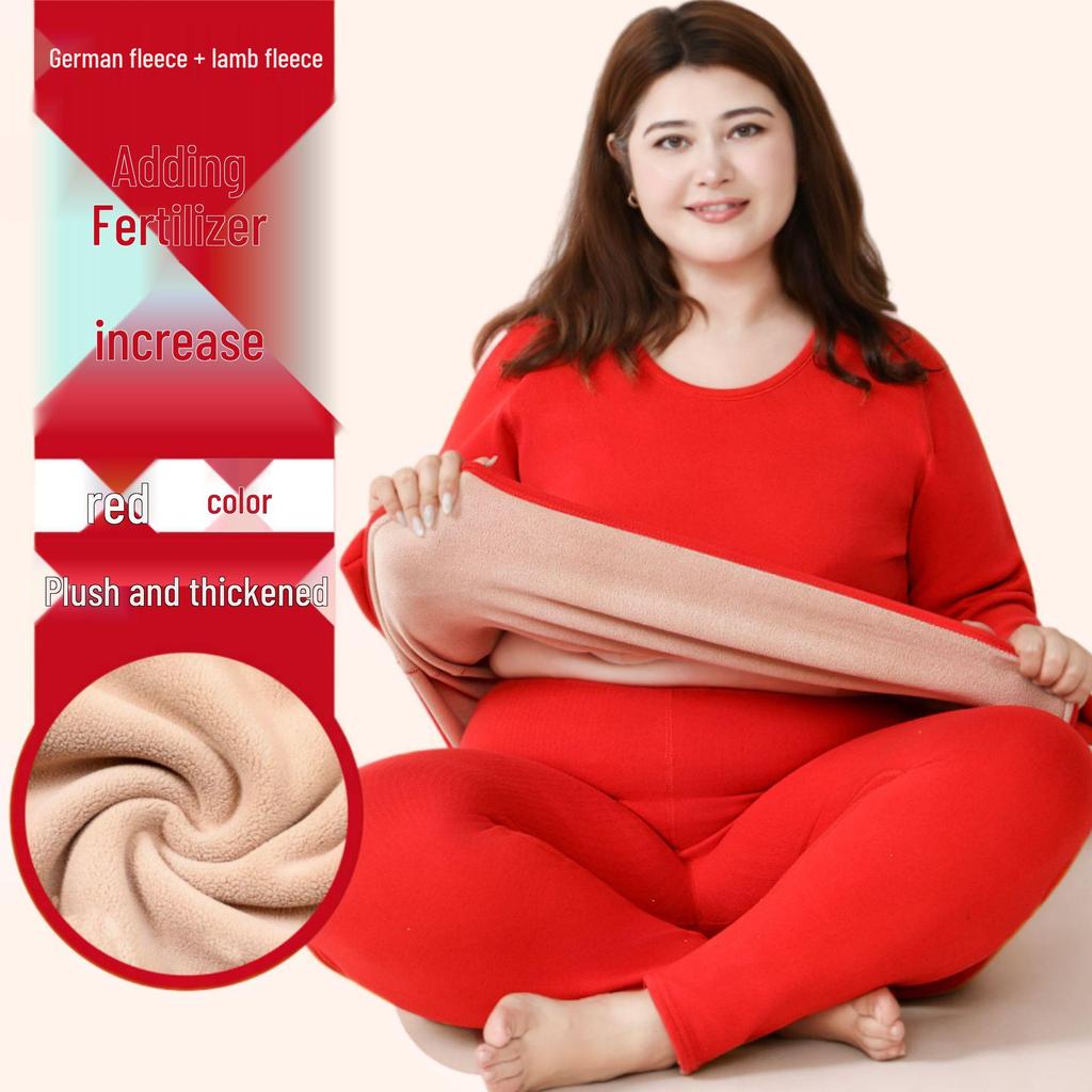 Women's Plus Size Fleece-Lined Lambswool Dralon Crew Neck Warm Underwear Set for Winter Cold Protection