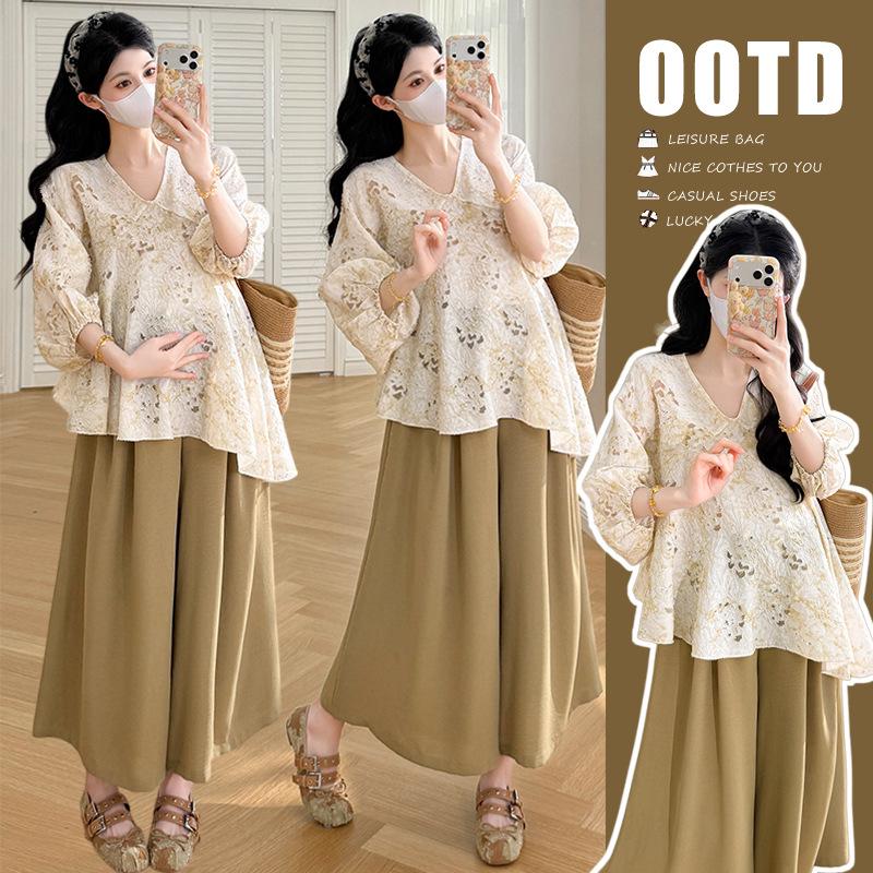 2026 Spring/Summer Youthful French Maternity Set: Sweet Hollow Out Top + Wide-Leg Adjustable Pants XL