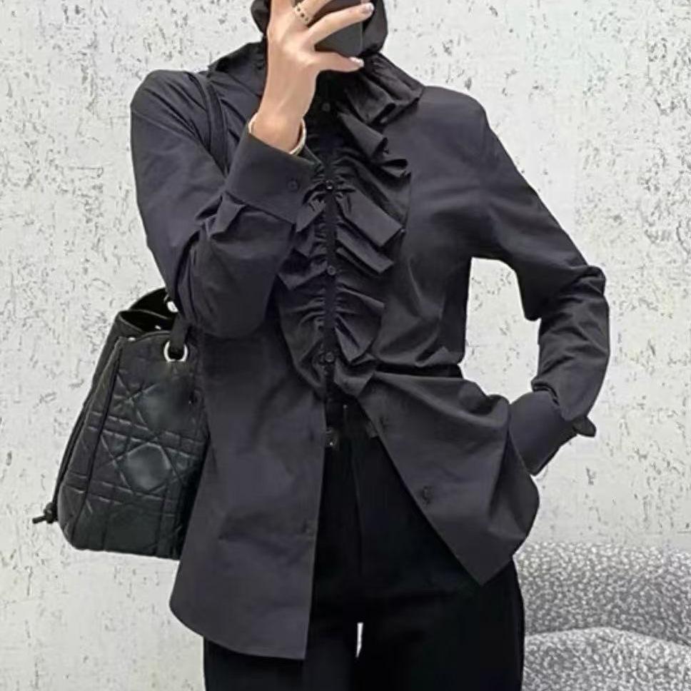 Elegant French-inspired Ruffled Stand-Collar Shirt: Detachable, Loose-Fit, Slimming, Mid-Length, Perfect for Commuting