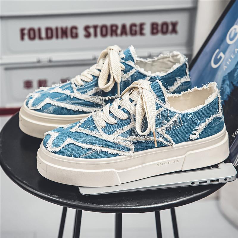 Men's Distressed Denim Canvas Shoes Thick Sole Frayed Edge Casual Low-top Fashion Shoes