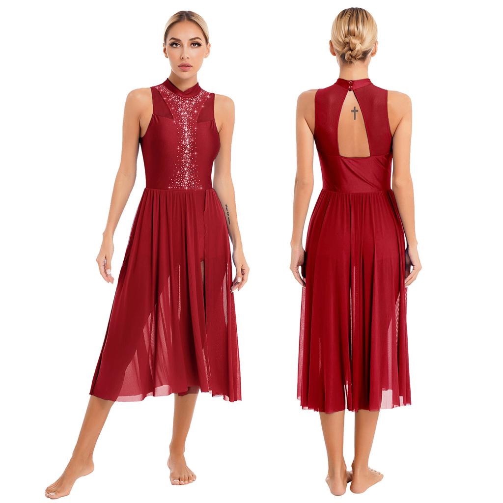 Frauen Asymmetrisches Ballettkleid Strass Ballsaal Lyrische zeitgenössische moderne Tanzkostüme Bühnenkostüm Trikotkleid