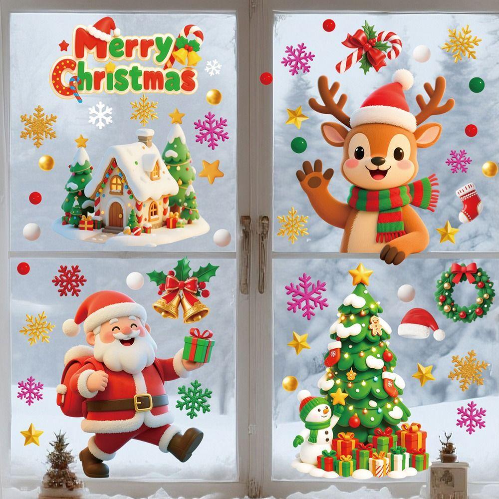 9PCS/Set Electrostatic Cartoon Santa Glass Decals Decorative Static Sticker  Home Decoration