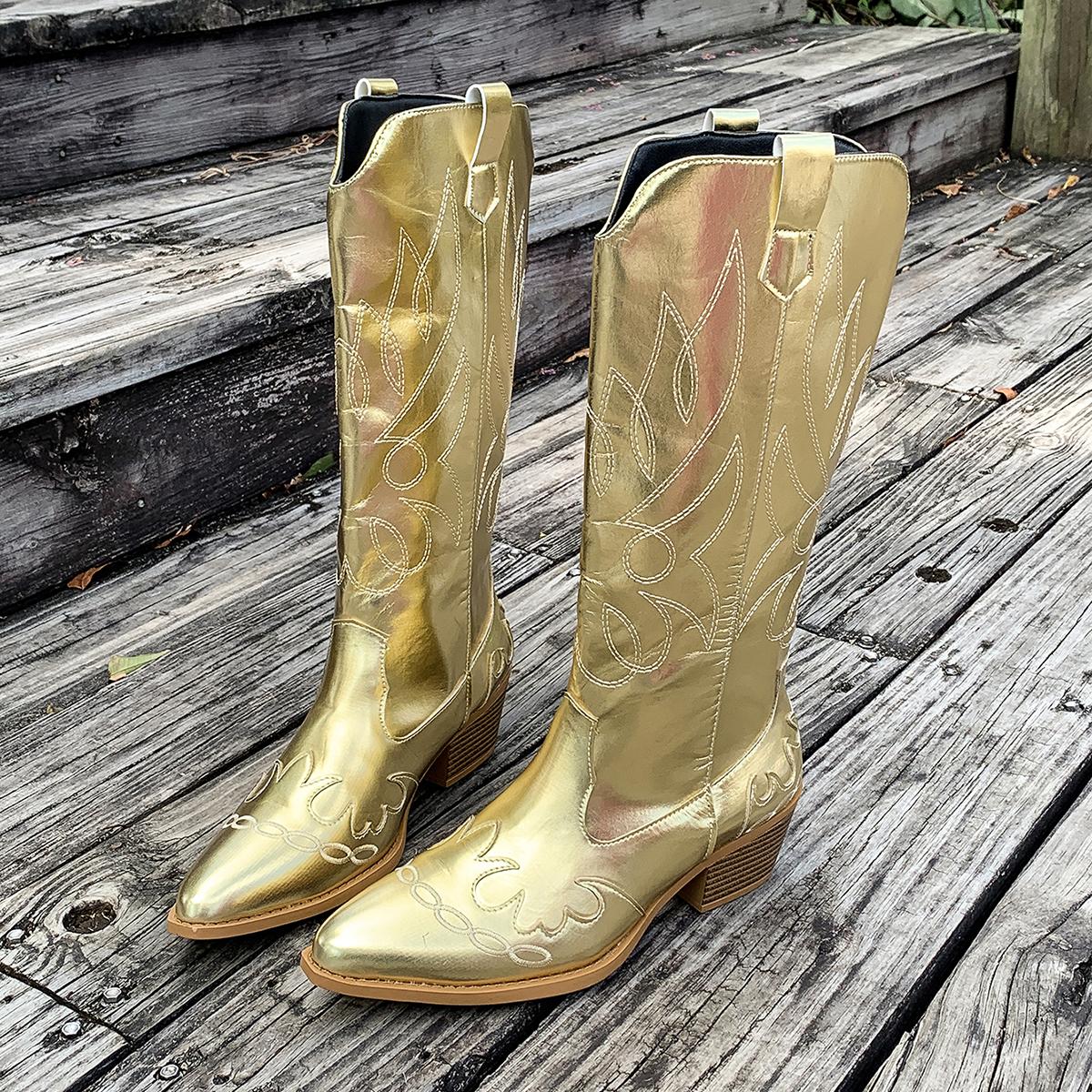 

мода Вышивка Женские высокие сапоги Роскошные остроносые туфли на высоком каблуке 2025 года Новые тенденции Туфли-лодочки Высокие Челси Зимняя мода Botas Mujer 40 золотой