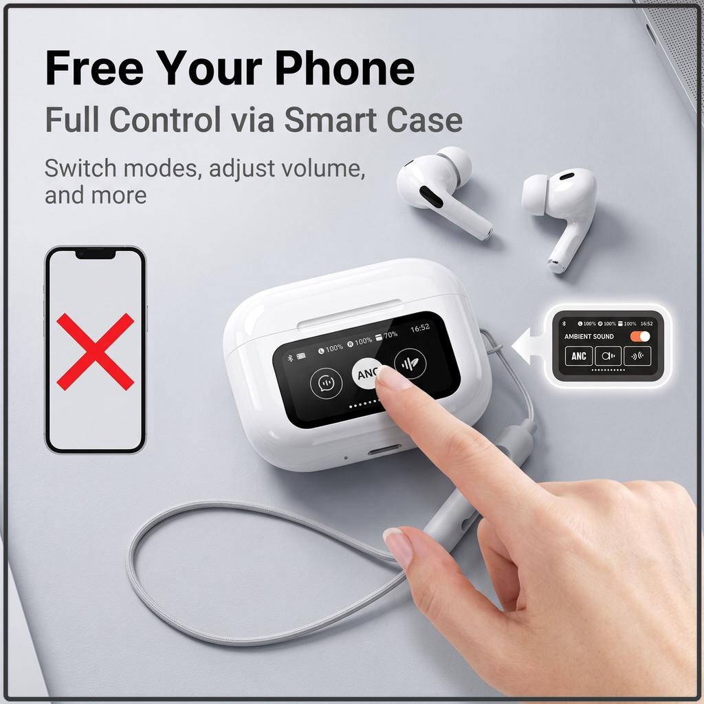 New A9 Pro Smart Screen Earbuds Active Noise Cancellation Ambient Sound Mode Touch Operate HiFi Stereo Audio Type-C Charging Wireless In-ear Earphones