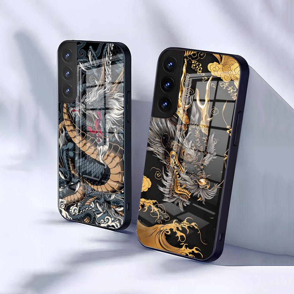 Art Dragon Phone Case For Samsung S26 S25 S24 FE S23 S22 S21 Plus S20 Ultra Note20Ultra Black Glass Cover