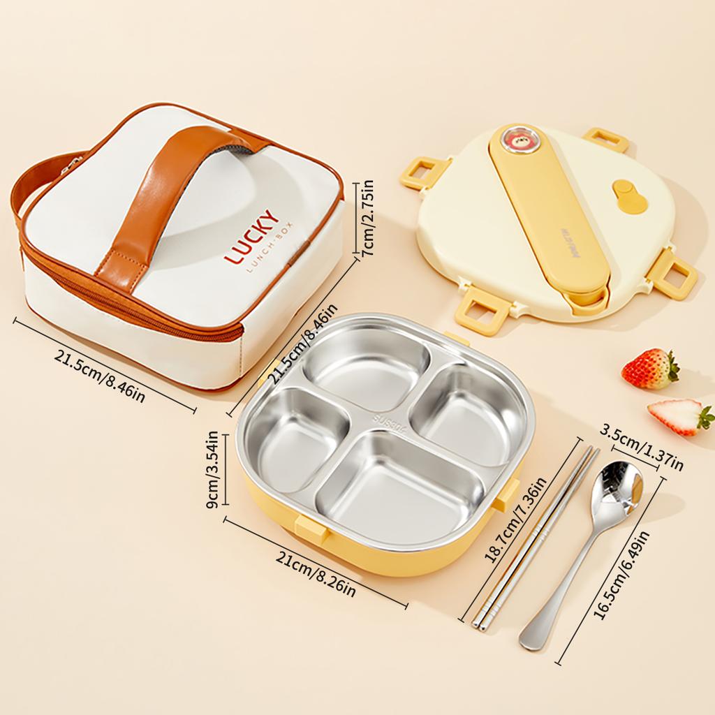 WORTHBUY Cute 304 Stainless Steel Divided Lunch Box With Cutlery Heatable Large Capacity Sealed Food Container Set For Student
