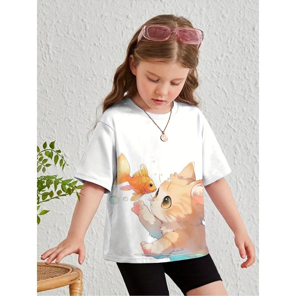 Kids' Short-Sleeve T-Shirt with Cartoon Animal Print, Casual Round Neck, Pretty and Beautiful Girls' Summer Top