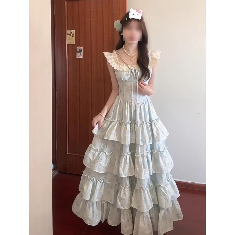 Sweet little fly sleeve floral dress female summer beautiful princess cake dress waist fairy long skirt