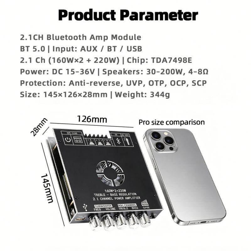 TDA7498E Bluetooth Power Amplifier Board with Subwoofer 2.1 Channel 15V-36V Audio Power Amplifier Module