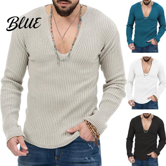 Men Knitted Cotton Sleeves Solid V Neck Knit Deep Blend Sweater Ribbed Long Color Slim