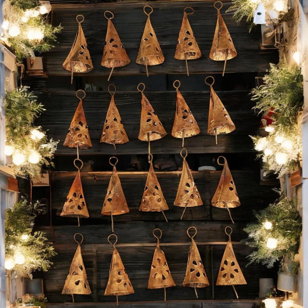 Rustic Christmas Bells Set of 20 – 2.25" Gold Tin Jingle Bells for Crafts, Tree Ornaments, Garland, Farmhouse & Boho Holiday Decor