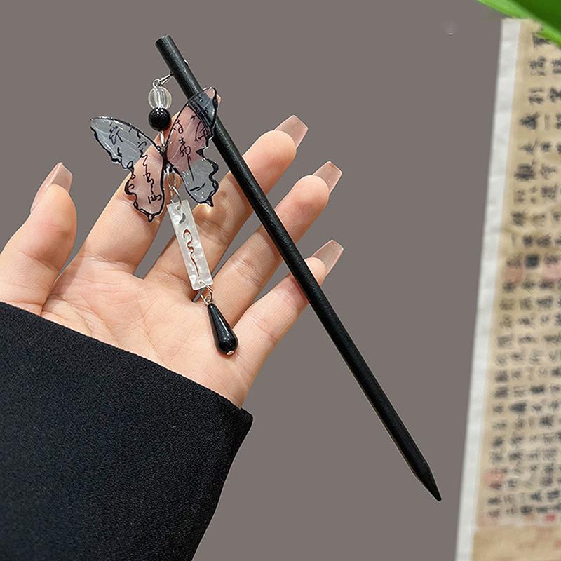 Retro Butterfly Hair Clips Chinese Style Calligraphy Butterfly Tassel Hairpin Women Wood Hair Sticks Chopstick Shaped Hairpin