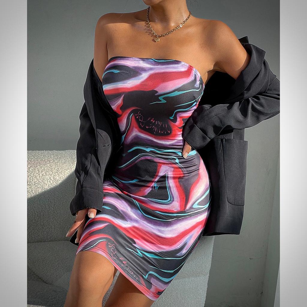 European and American New Fashion Color Printing Sexy Spice Girl Tube Top Backless Slim Hip Wrap Dress Women