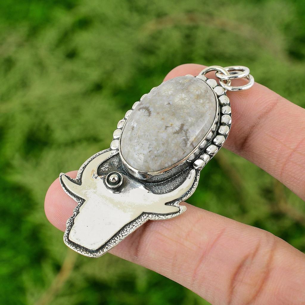 Natural Fossil Coral Sterling Silver Bezel Handcrafted Unique Pendant Jewelry