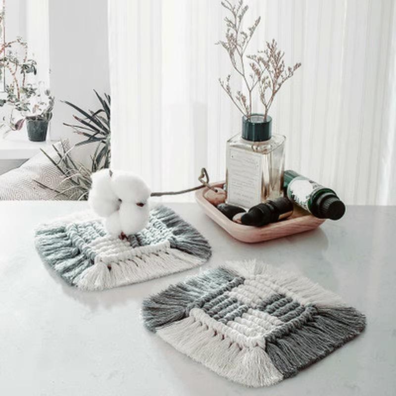 Macrame Placemats Cup Mat Tablecloth Coaster Cup Pad Handcrafted Cotton Insulation Mats Rural Style Creative Woven Coaster