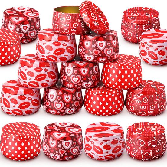 Tandefio 48 Pcs Valentine s Day Cookie Tins with Lids Metal Candles Candy Container 8 oz Mother s Day Cookie Storage Container Jars Candle Tins for 48
