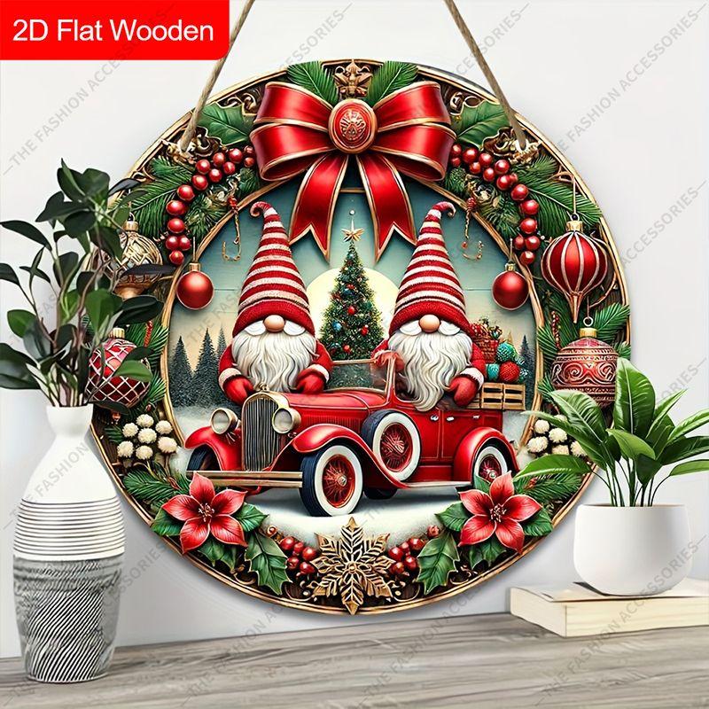 Christmas Gnomes Vintage Red Car Round Wooden Hanging Sign, 2D Flat Printed Embossed Effect Christmas Wall Door Ornament, Xmas Home Decor Gift