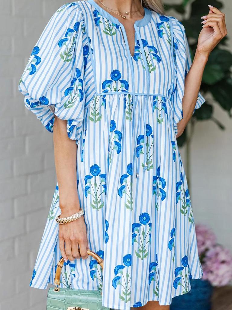 2026 Florales V-Ausschnitt Kurzarm Damenkleid - Europäischer & Amerikanischer Trend