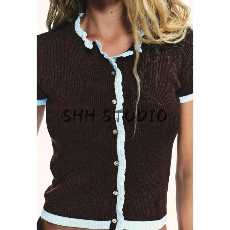 Autumn New Women's Clothing Idle Style Button Decoration Slim-Fit Contrast Colors Knitting round Neck Short Sleeve Jacket 0014114