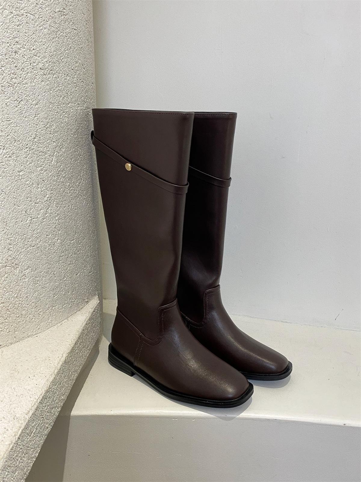 

Ботинки-рыцари на плоской подошве, тонкие, высокие, женские туфли 2025, новые осенне-зимние, черные прямые ботфорты до колена 39 коричневый