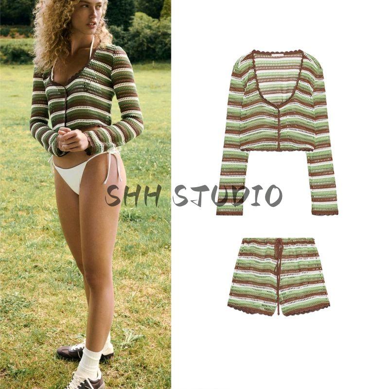Crochet V-neck Long Sleeve Outerwear 8779620 Lace-up Decoration Fashion Temperament Casual Shorts 8779621