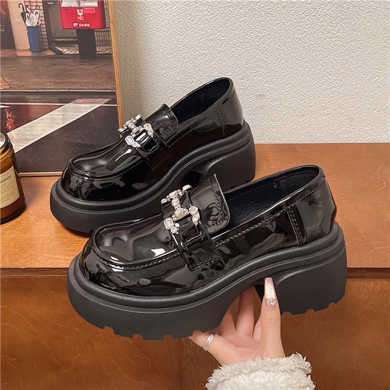 Fashion Women's Oxford Shoes Autumn Leather Slip on Round Toe Shoes Woman Solid Bright Diamond Platform Flats Casual Shoes