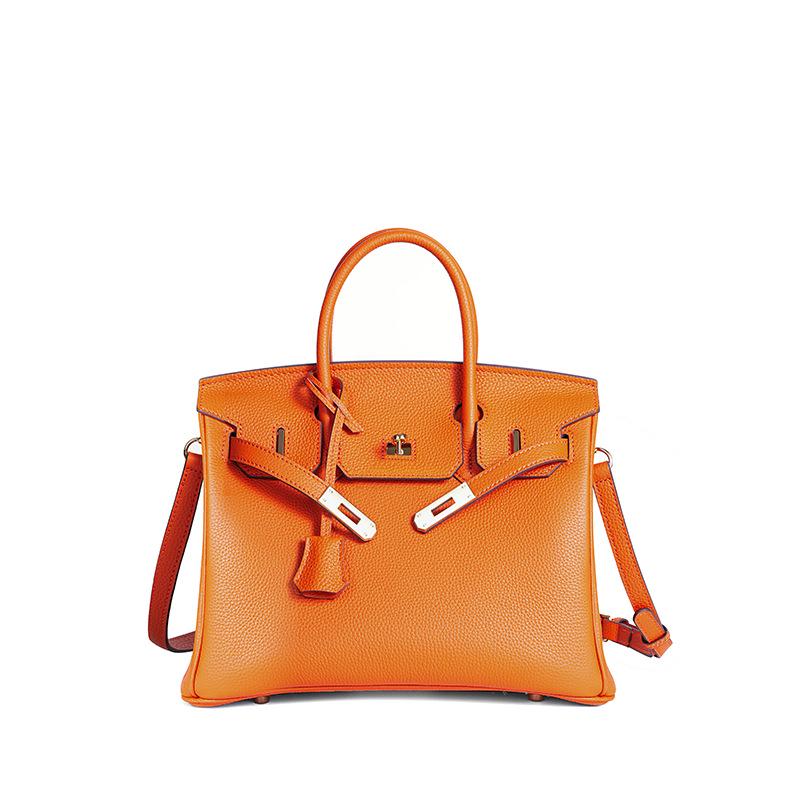 Wax Thread Lychee Grain Cowhide Leather Handbag with Lock Buckle - Women's Platinum Grade Purse