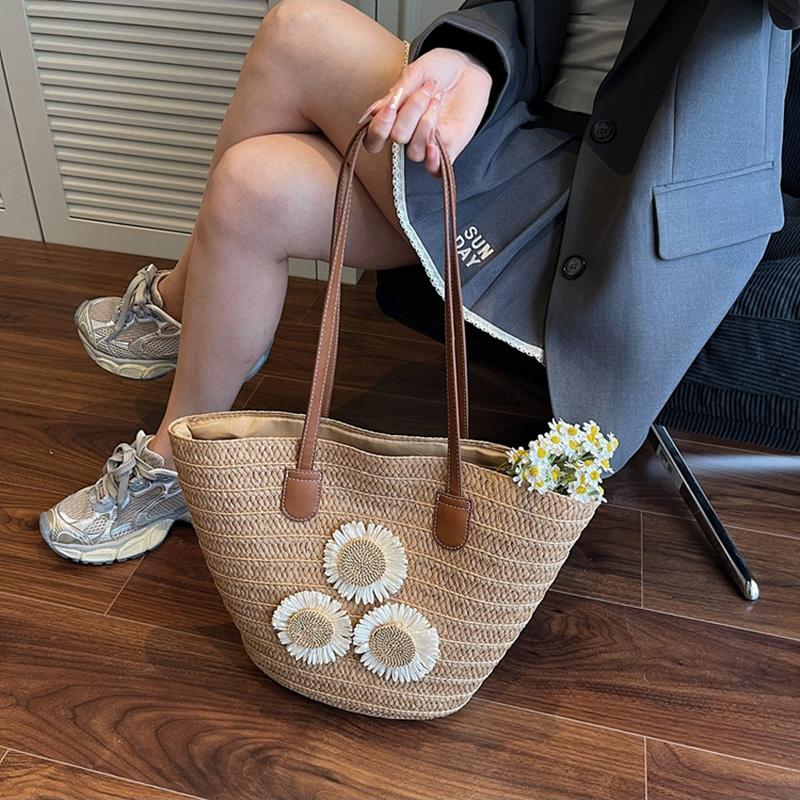 Yogodlns Damen Sommer Stroh Gewebt Große Kapazität Korb Schultertasche Handtaschen Mode Floral Dekor Luxus Designer Strand Bali Shopper Totes