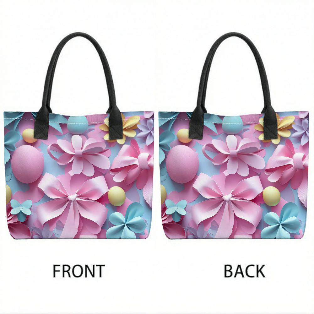Easter Floral Tote Bag Cute Bow Decor Casual Shoulder Bag for Women Daily Shopping Outing Portable Handbag
