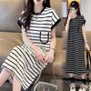 Women's Striped T-Shirt Dress Loose Casual Short Sleeve Crew Neck Midi Dress