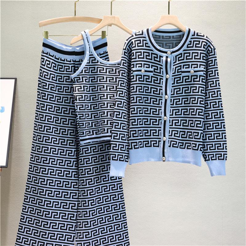 Autumn And Winter Jacquard Knitted Cardigan Women's Suit Jacket Vest And Pants Three Piece Set