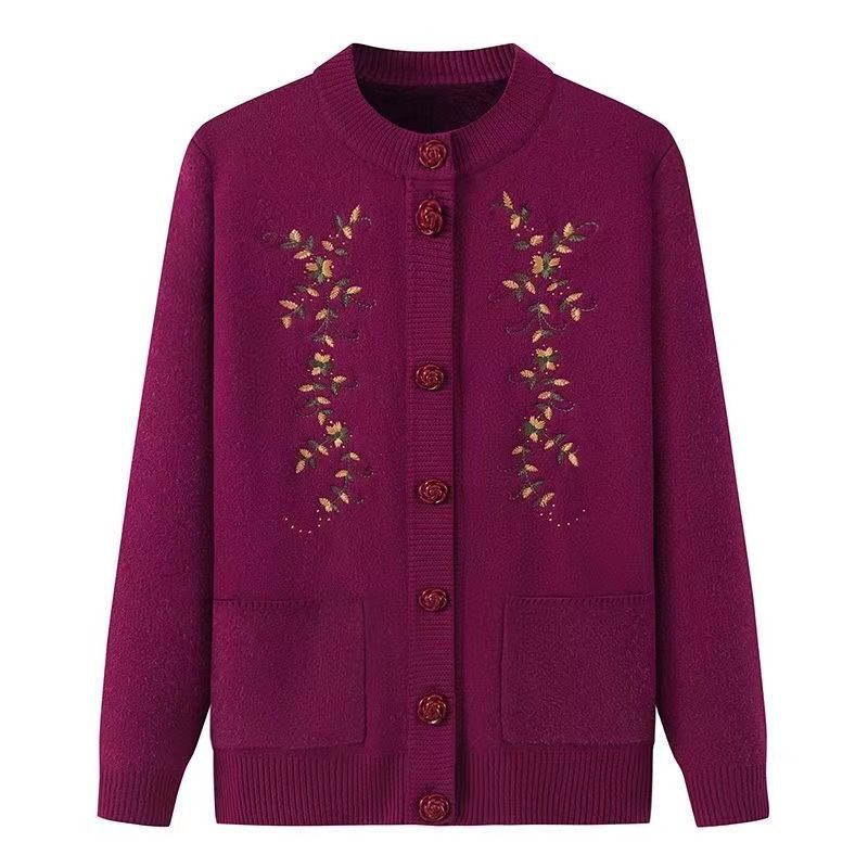 Fleece Knitted Grandma Sweater Cardigan Top Integrated Elderly Clothes Women's Fleece Jacket Middle-aged and Elderly Mother Clothes