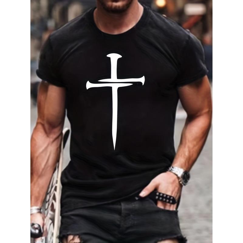 

Мужская мягкая хлопковая футболка с узором и принтом креста - Повседневная, с круглым вырезом, коротким рукавом, удобная, для дома и на каждый день, для всех сезонов S чёрный