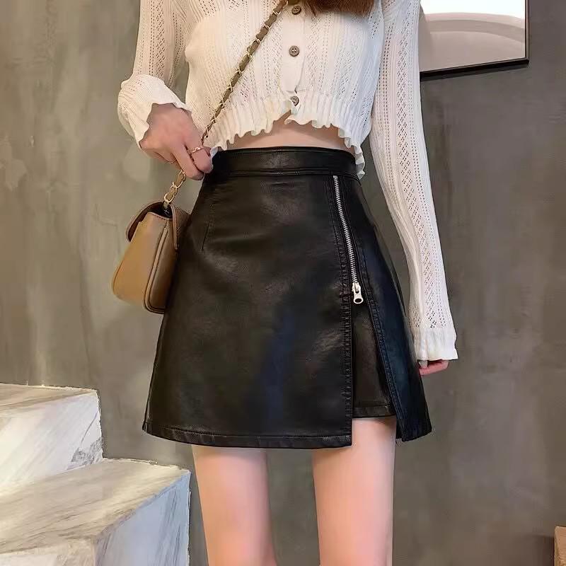 

Women s Black PU Leather A-line Bodycon Midi Skirt - Slimming High Waist, Autumn 2025 Small абрикосовий