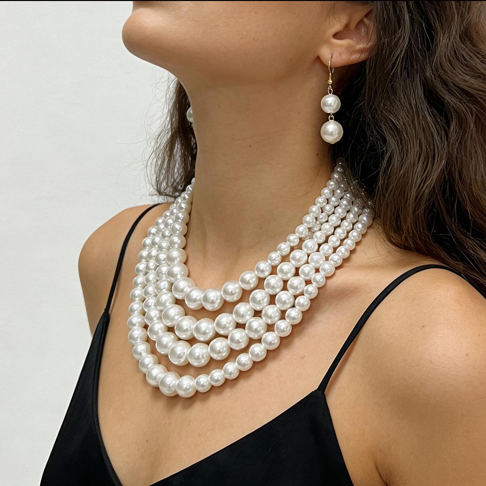 Multi-layer Imitation Pearl Necklace Party Dress Collar Chain Fashionable Beaded Luxury Retro Jewelry