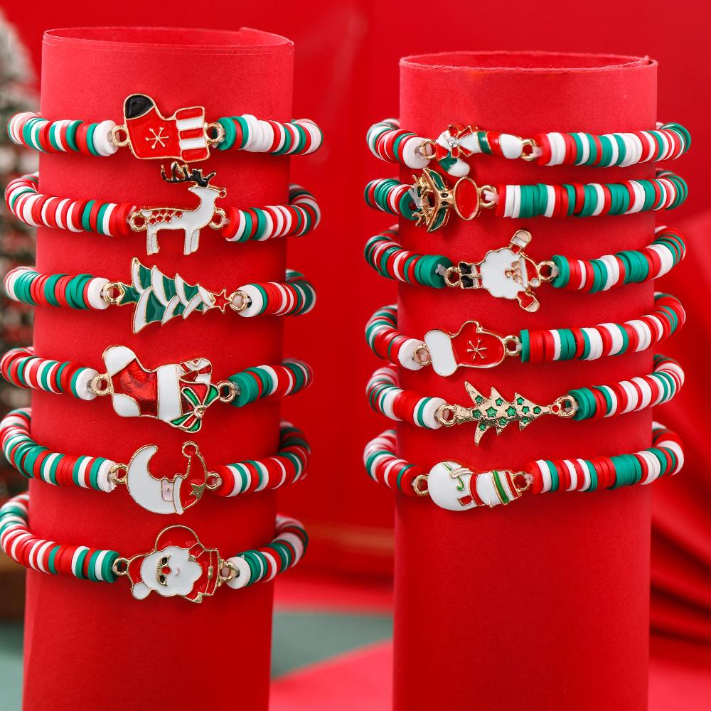European and American Christmas soft pottery bracelet, new Christmas alloy accessories red, green and white soft pottery elastic rope bracelet