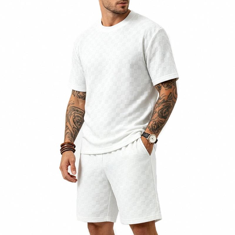 Men S Casual Short Sleeve Round Neck Jacquard Towel Texture Set S