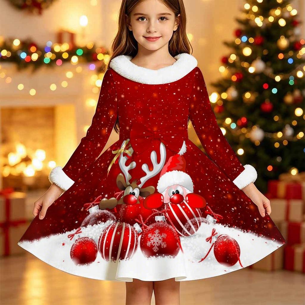 Kids Long Sleeve Christmas Dress, Merry Christmas Print Faux Fur Collar Bow Decor Princess Dresses for Girl Holiday Party Wear