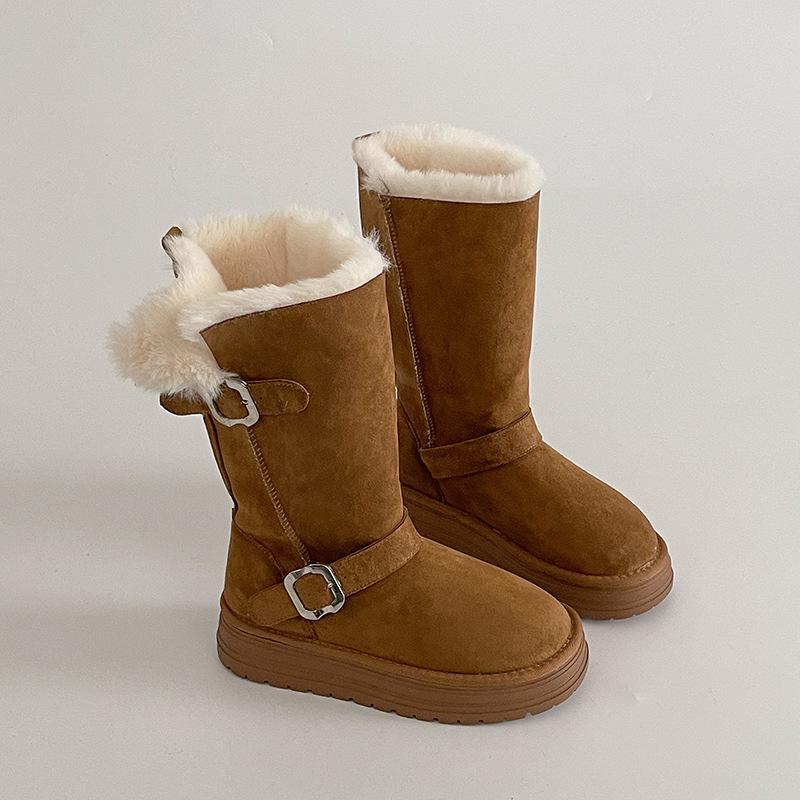 Design sense with skirt round head thick sole belt buckle Martin boots winter fashion retro velvet warm flat bottom snow boots