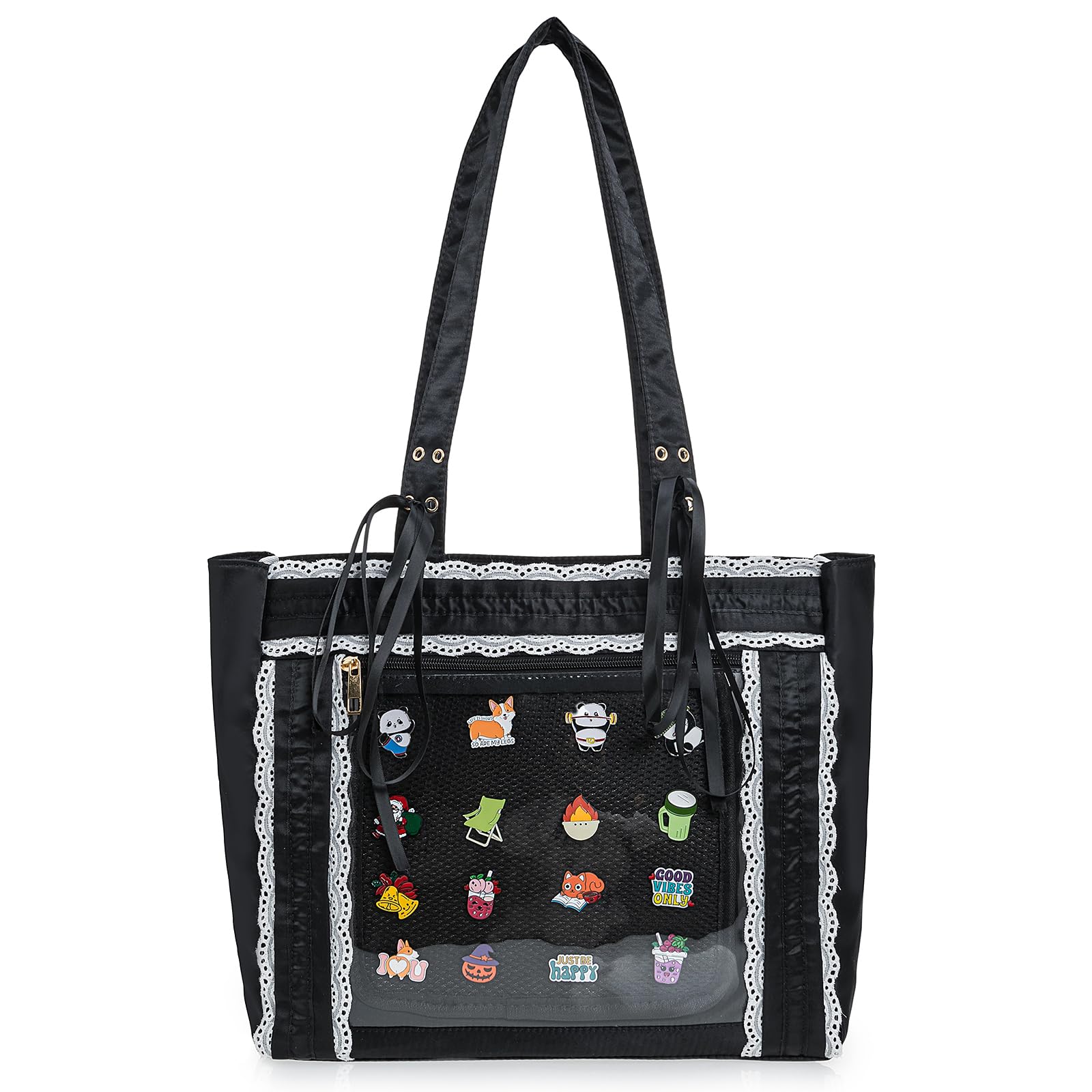 

Ita bag simple handbag shoulder bag large pain bag transparent skylight black pink lace lace decoration ribbon ita bag ita bag [MVJOTPTU] чорний
