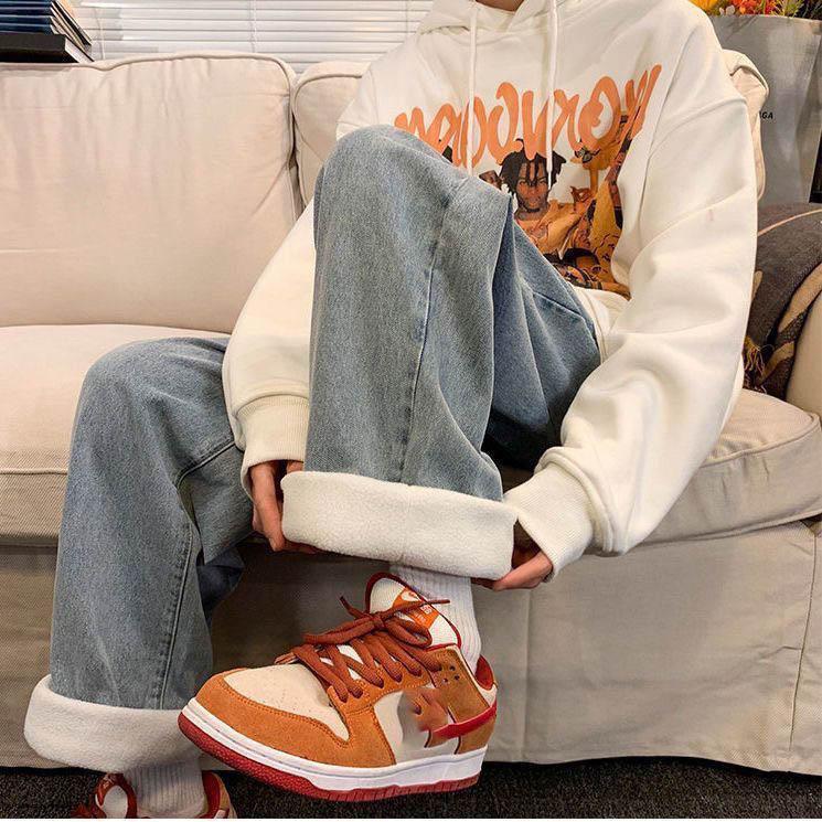 Streetwear Vintage Fleece Lined Thickened Washed Jeans Women Y2K High Waist Loose Straight Trousers Casual Jeans