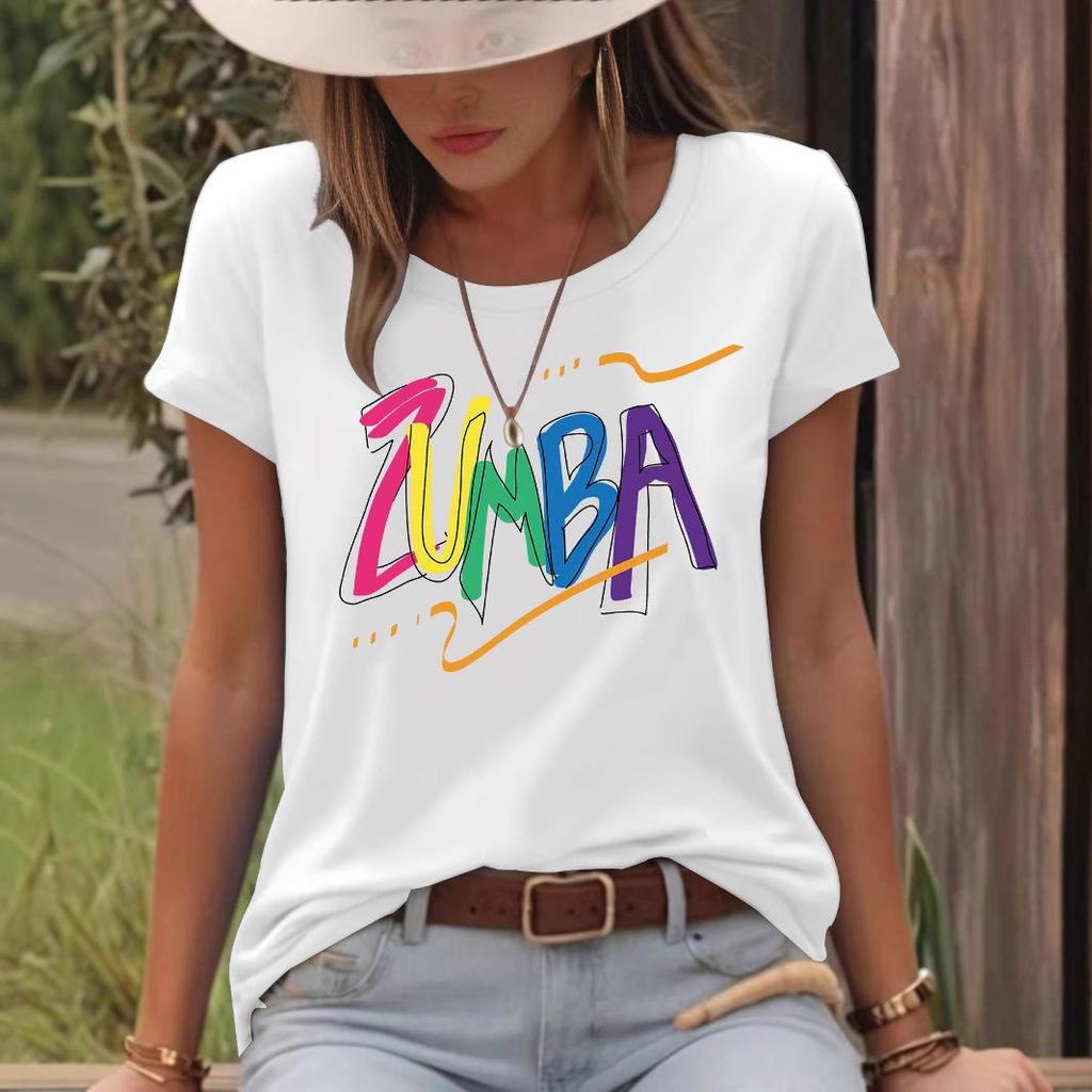 Damen Buntes ZUMB Print Locker Geschnittenes Kurzarm T-Shirt
