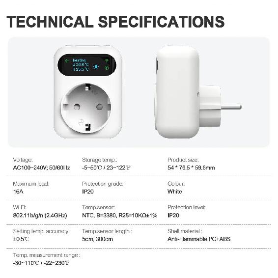 WiFi Tuya Socket Thermostat Plug 220V Digital Temperature Controller Remote Timer Switch Cooling Heating Outlet Alexa Google