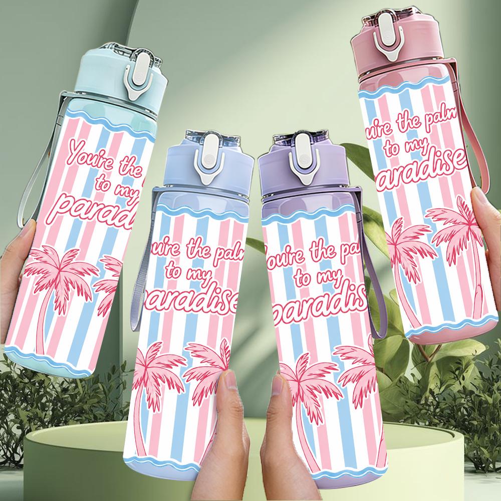 1PC Pink Stripe Bow Ribbon Graphic,750ml Color Plastic Sports Water Bottle,Leakproof Flip Straw Lid,Suitable for Sports Office Home Use