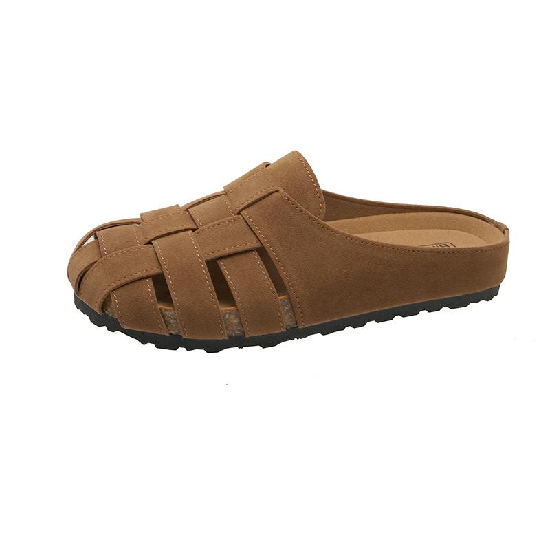 Baotou half slippers women's summer outer wear 2025 new retro woven hollow breathable comfortable flat bottom lazy sandals